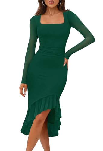 MEROKEETY Women's Long Sleeve Fall Wedding Guest Dress Elegant Classy Bodycon Square Neck Mesh Cocktail Midi Dresses *  #sponsored