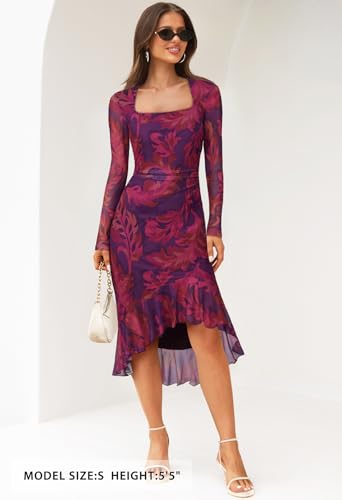 MEROKEETY Women's Long Sleeve Fall Wedding Guest Dress Elegant Classy Bodycon Square Neck Mesh Cocktail Midi Dresses *  #sponsored