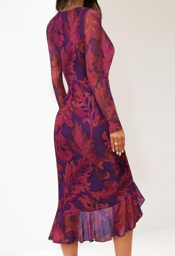 MEROKEETY Women's Long Sleeve Fall Wedding Guest Dress Elegant Classy Bodycon Square Neck Mesh Cocktail Midi Dresses *  #sponsored