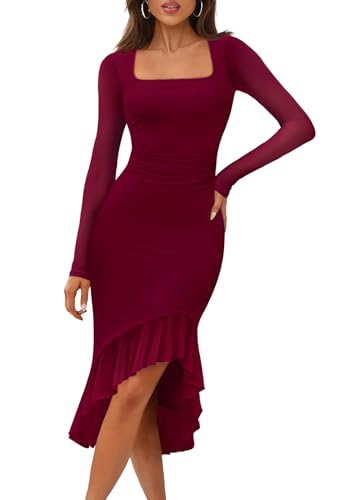 MEROKEETY Women's Long Sleeve Fall Wedding Guest Dress Elegant Classy Bodycon Square Neck Mesh Cocktail Midi Dresses *  #sponsored