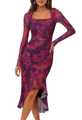 MEROKEETY Women's Long Sleeve Fall Wedding Guest Dress Elegant Classy Bodycon Square Neck Mesh Cocktail Midi Dresses *  #sponsored