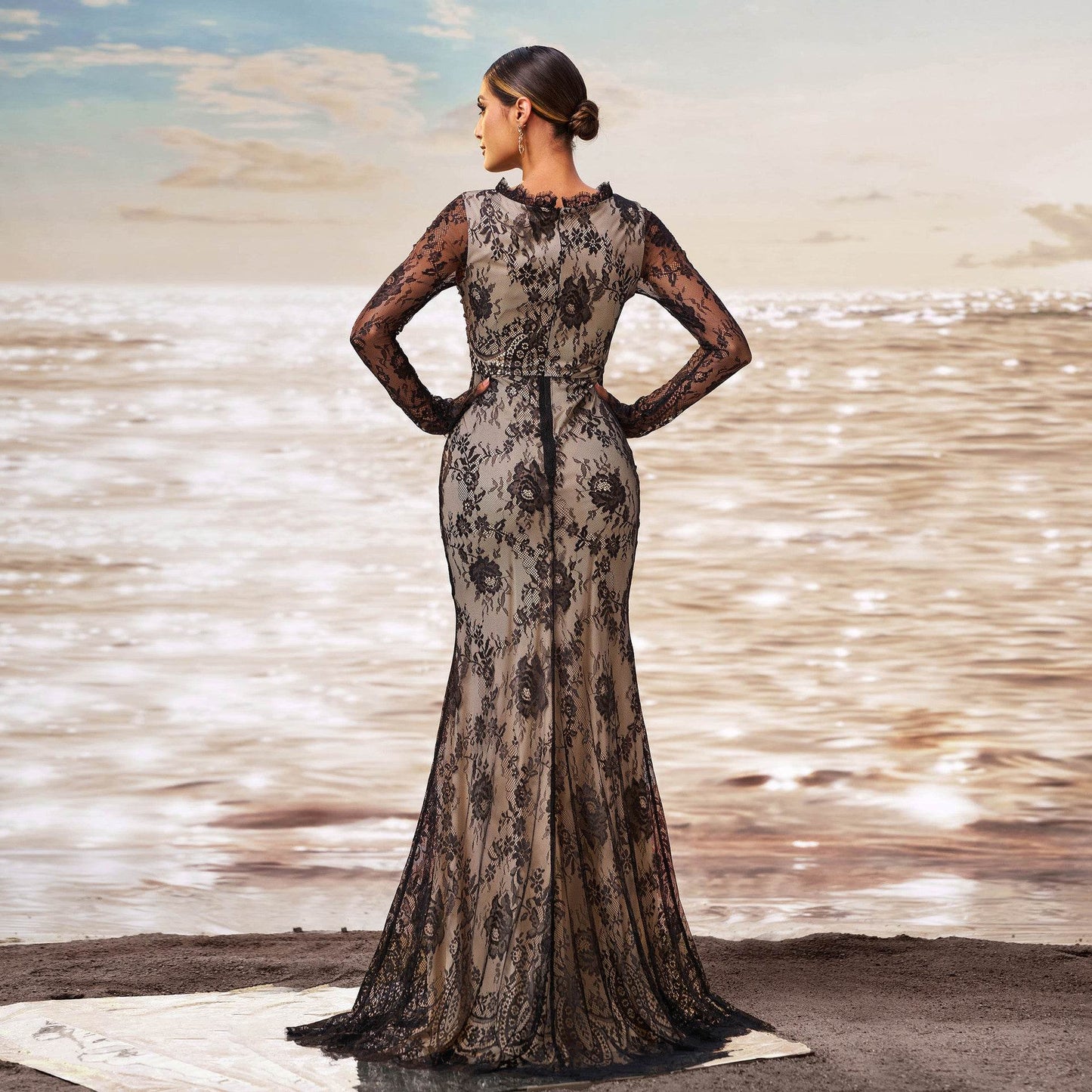 Elegant Long Sleeve Gauze Sheath Fishtail Evening Party Dress