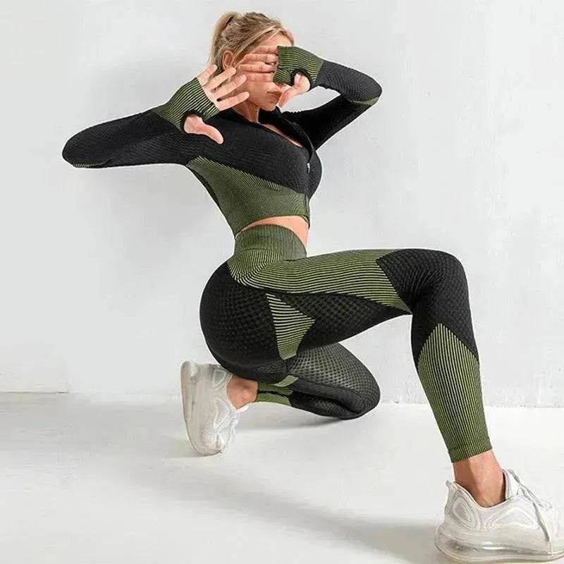 Women 3PCS Gym Set Seamless Sport Yoga Set Leggings Crop Bra Top  Fitness Gym Set Outfit