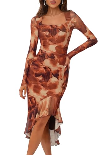 MEROKEETY Women's Long Sleeve Fall Wedding Guest Dress Elegant Classy Bodycon Square Neck Mesh Cocktail Midi Dresses *  #sponsored