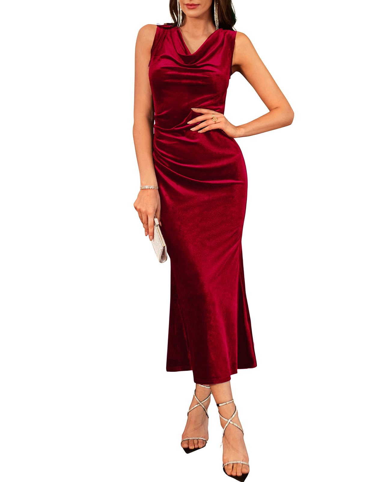 GRACE KARIN 2025 Velvet Wedding Guest Dresses for Women, Fall Formal Cocktail Maxi Dress, Cowl Neck Mermaid Evening Gown