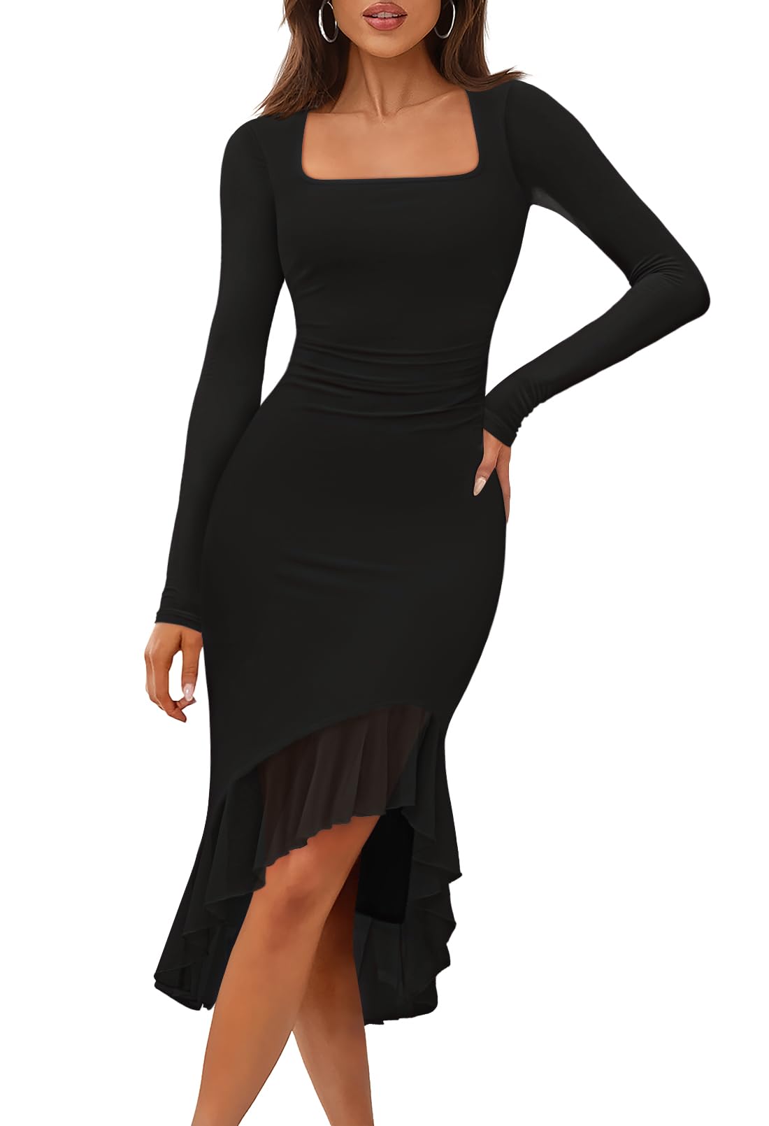 MEROKEETY Women's Long Sleeve Fall Wedding Guest Dress Elegant Classy Bodycon Square Neck Mesh Cocktail Midi Dresses *  #sponsored