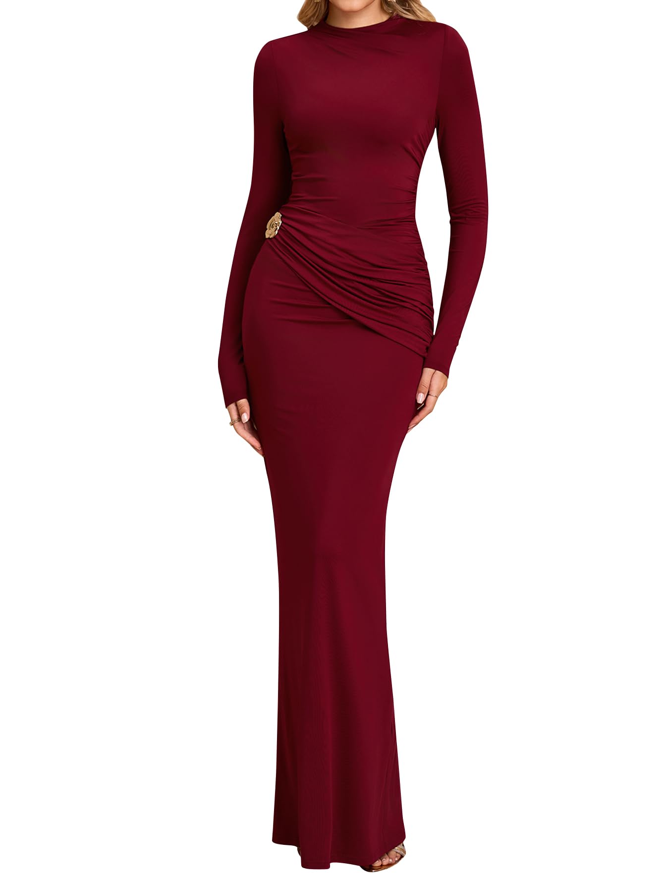 Women's Long Sleeve Ruched Bodycon Maxi Dress Fall Winter Formal Elegant Cocktail Party Dresses *  #sponsored