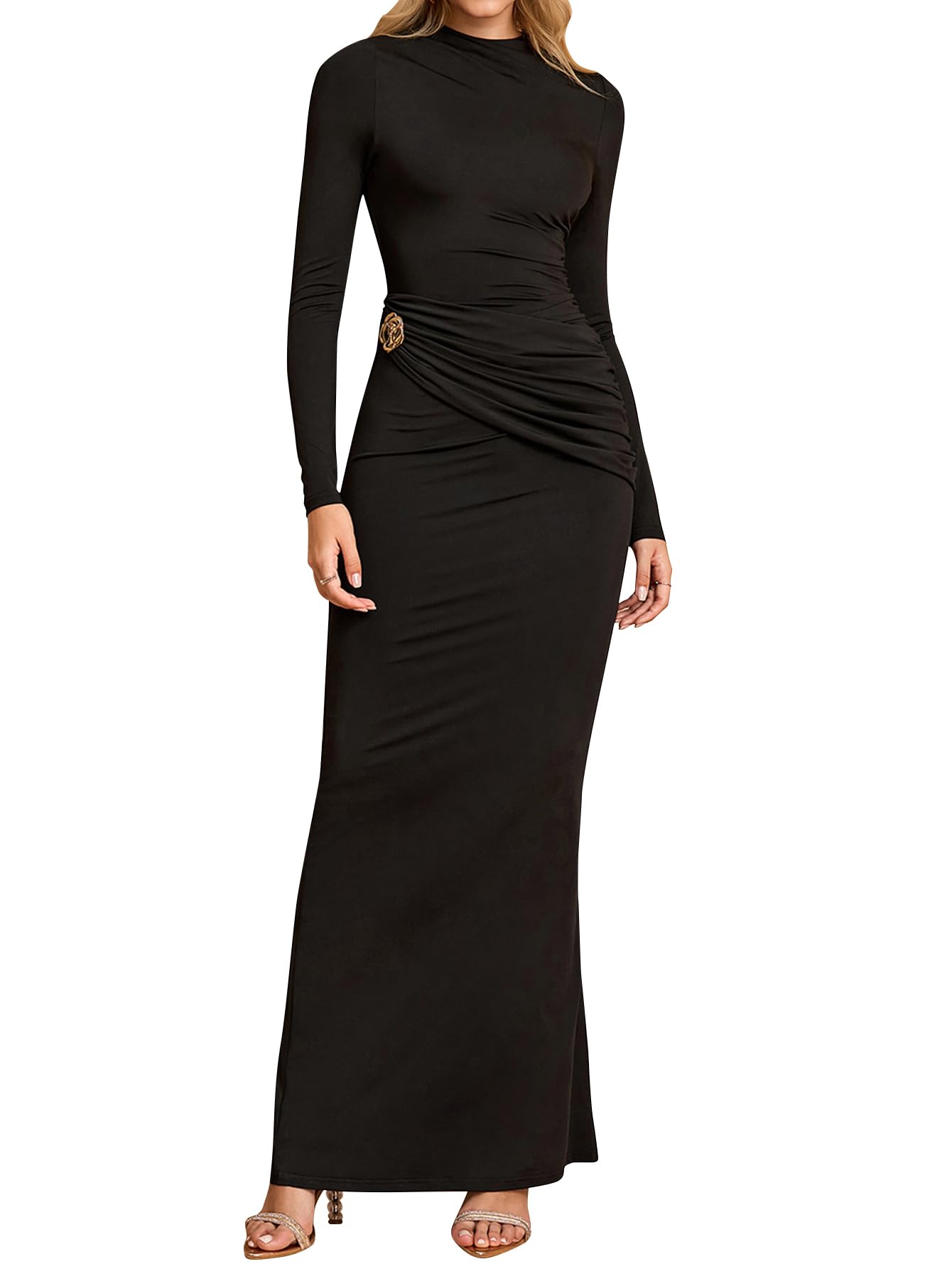 Women's Long Sleeve Ruched Bodycon Maxi Dress Fall Winter Formal Elegant Cocktail Party Dresses *  #sponsored