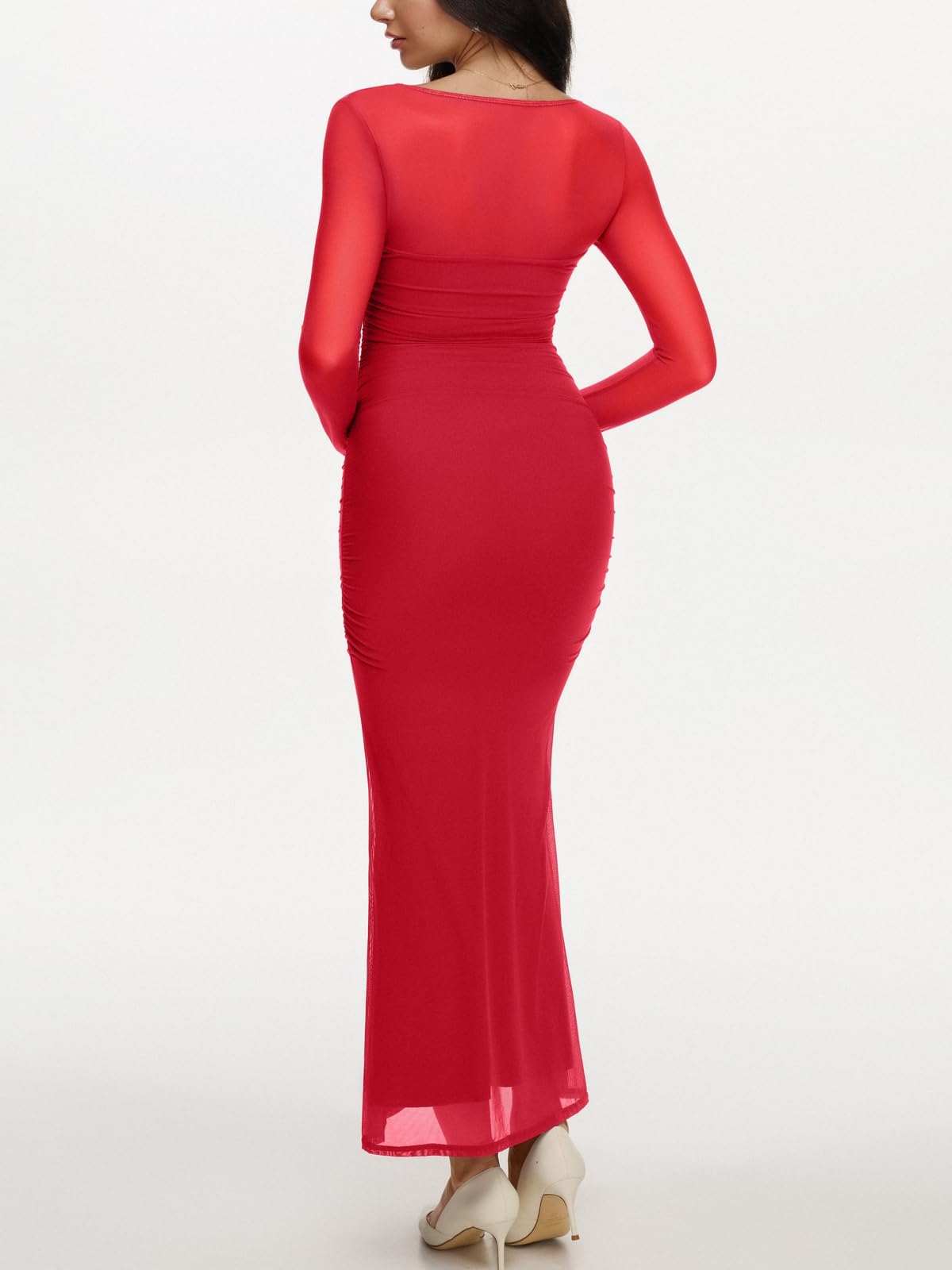 REORIA Long Sleeve Wedding Guest Maxi Dresses for Women Sheer Mesh Square Neck Ruched Bodycon Long Dress 2025 Fall Outfits *  #sponsored