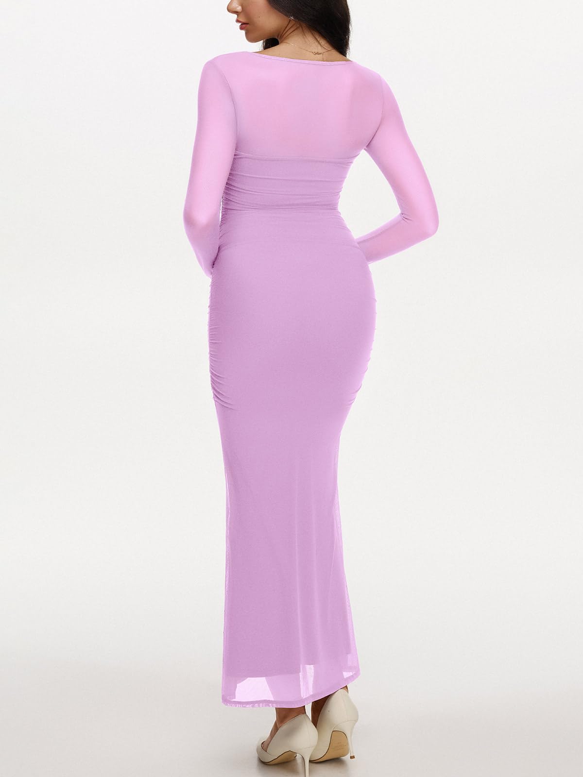 REORIA Long Sleeve Wedding Guest Maxi Dresses for Women Sheer Mesh Square Neck Ruched Bodycon Long Dress 2025 Fall Outfits *  #sponsored