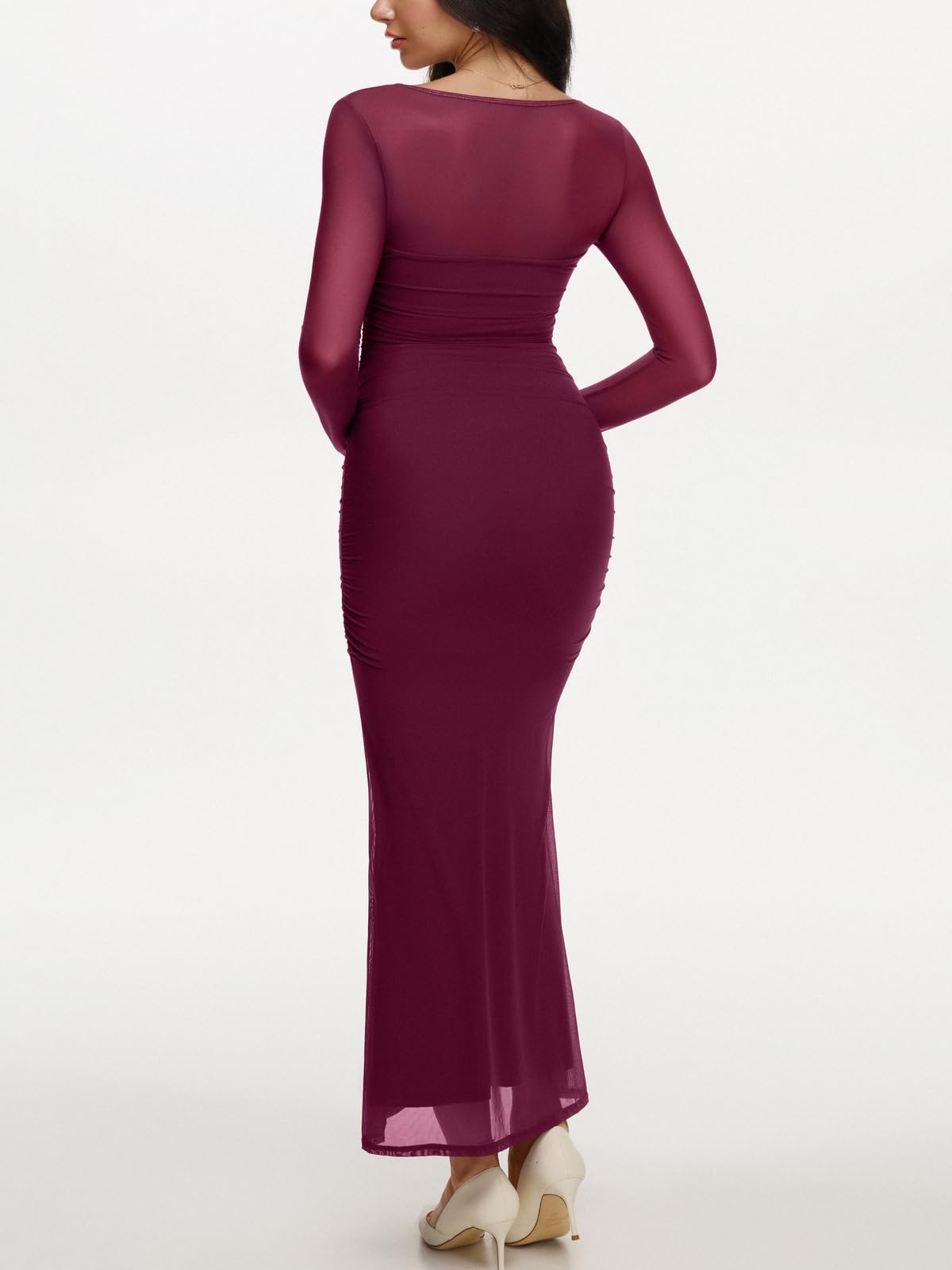 REORIA Long Sleeve Wedding Guest Maxi Dresses for Women Sheer Mesh Square Neck Ruched Bodycon Long Dress 2025 Fall Outfits *  #sponsored