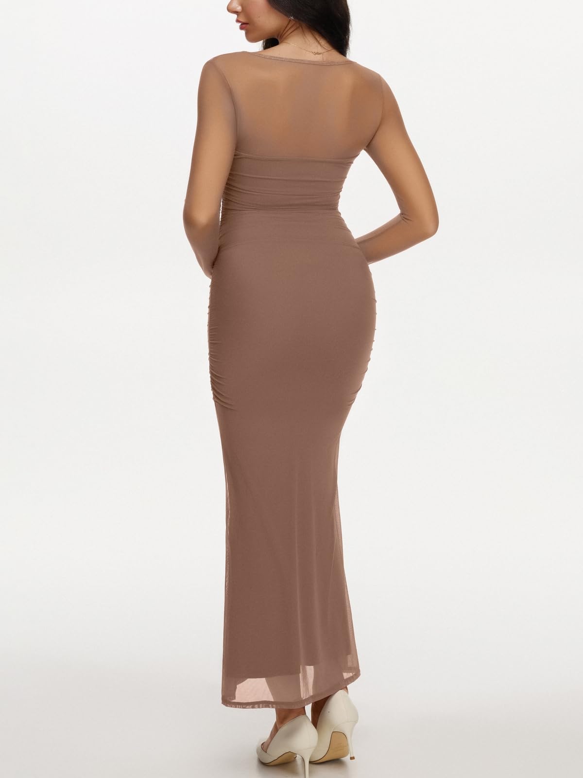 REORIA Long Sleeve Wedding Guest Maxi Dresses for Women Sheer Mesh Square Neck Ruched Bodycon Long Dress 2025 Fall Outfits *  #sponsored