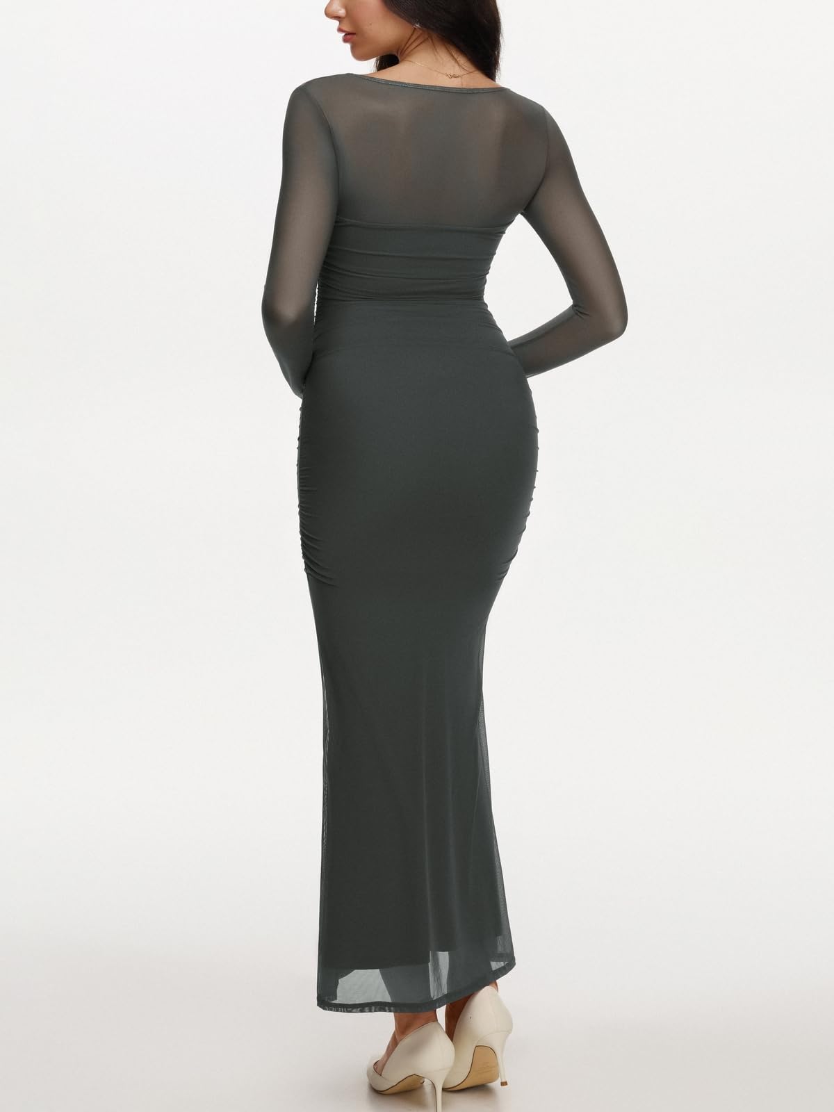 REORIA Long Sleeve Wedding Guest Maxi Dresses for Women Sheer Mesh Square Neck Ruched Bodycon Long Dress 2025 Fall Outfits *  #sponsored