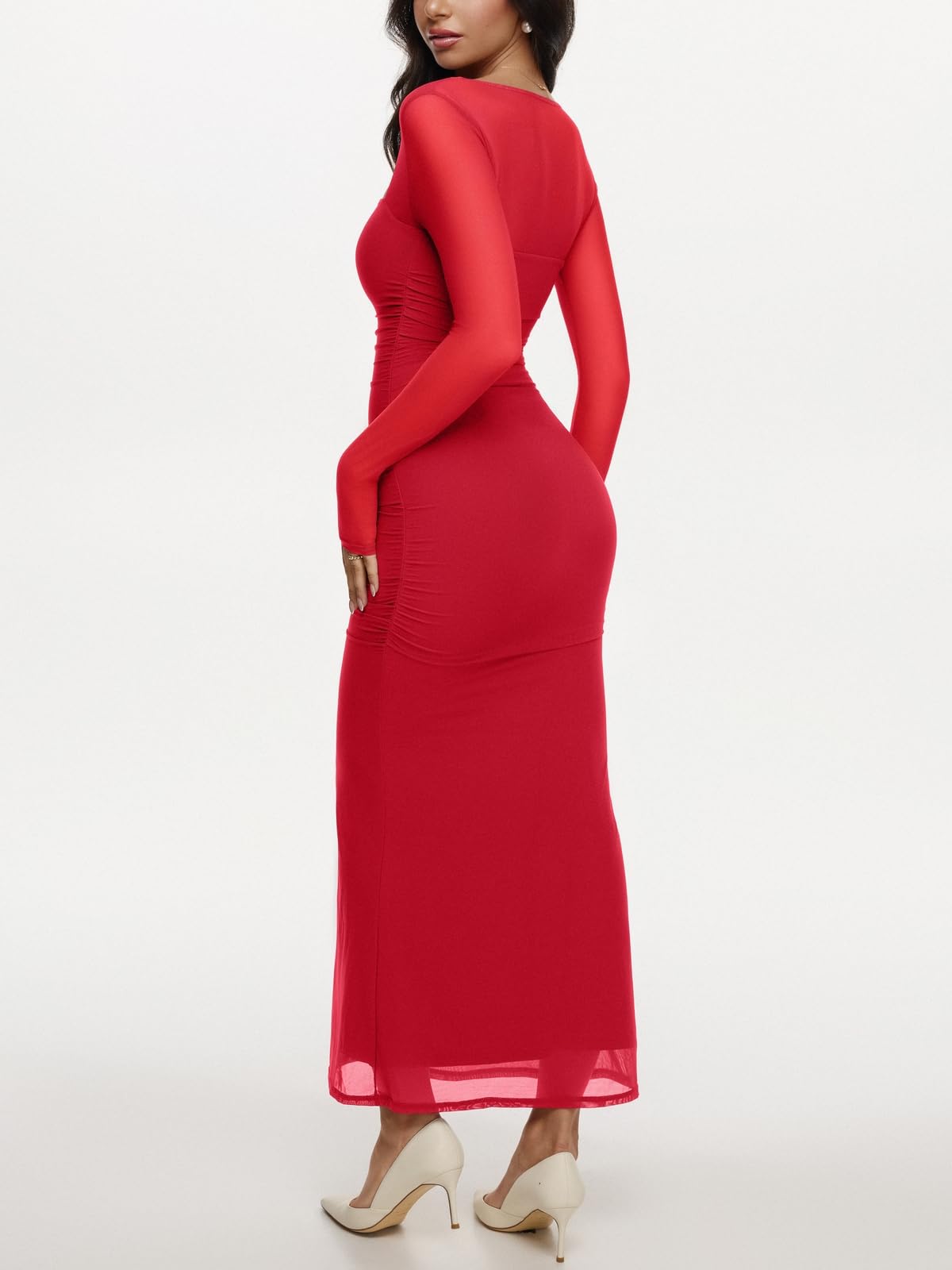 REORIA Long Sleeve Wedding Guest Maxi Dresses for Women Sheer Mesh Square Neck Ruched Bodycon Long Dress 2025 Fall Outfits *  #sponsored