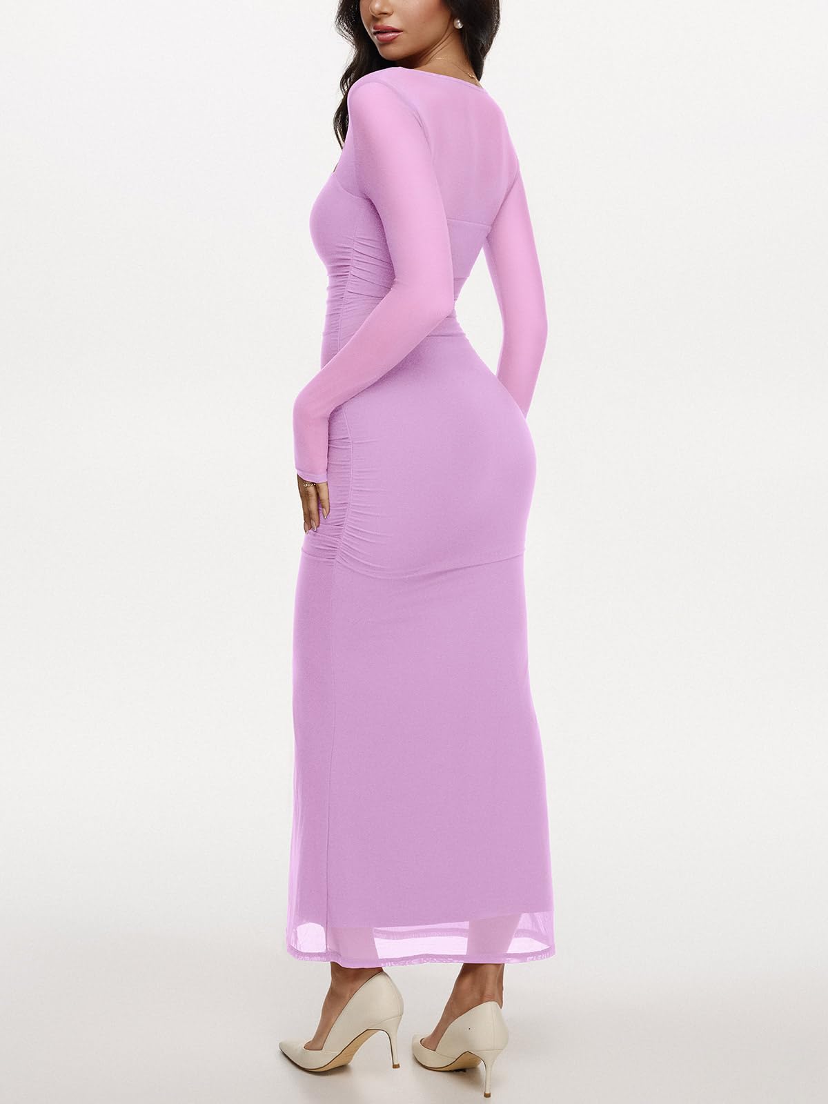 REORIA Long Sleeve Wedding Guest Maxi Dresses for Women Sheer Mesh Square Neck Ruched Bodycon Long Dress 2025 Fall Outfits *  #sponsored