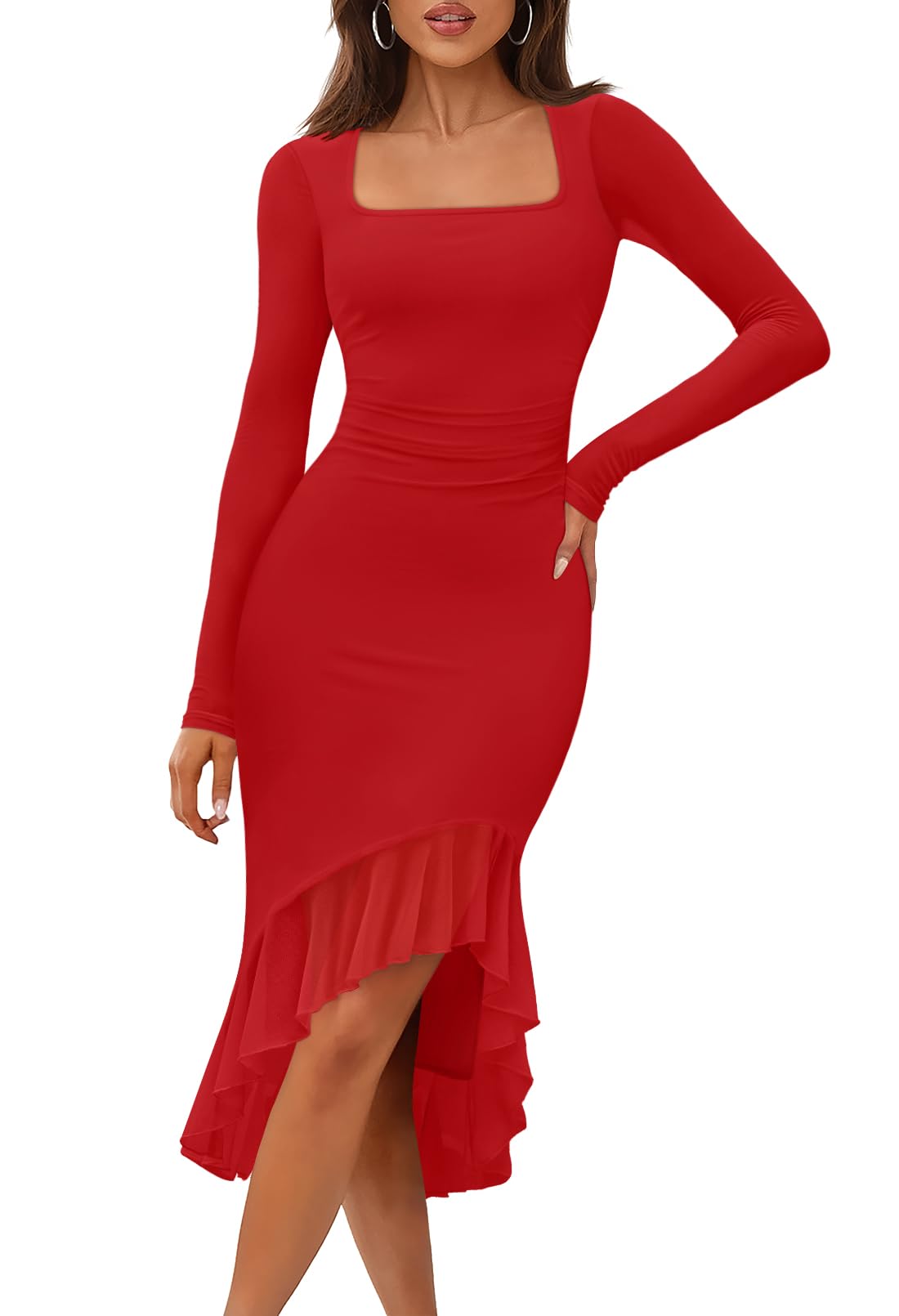 MEROKEETY Women's Long Sleeve Fall Wedding Guest Dress Elegant Classy Bodycon Square Neck Mesh Cocktail Midi Dresses *  #sponsored