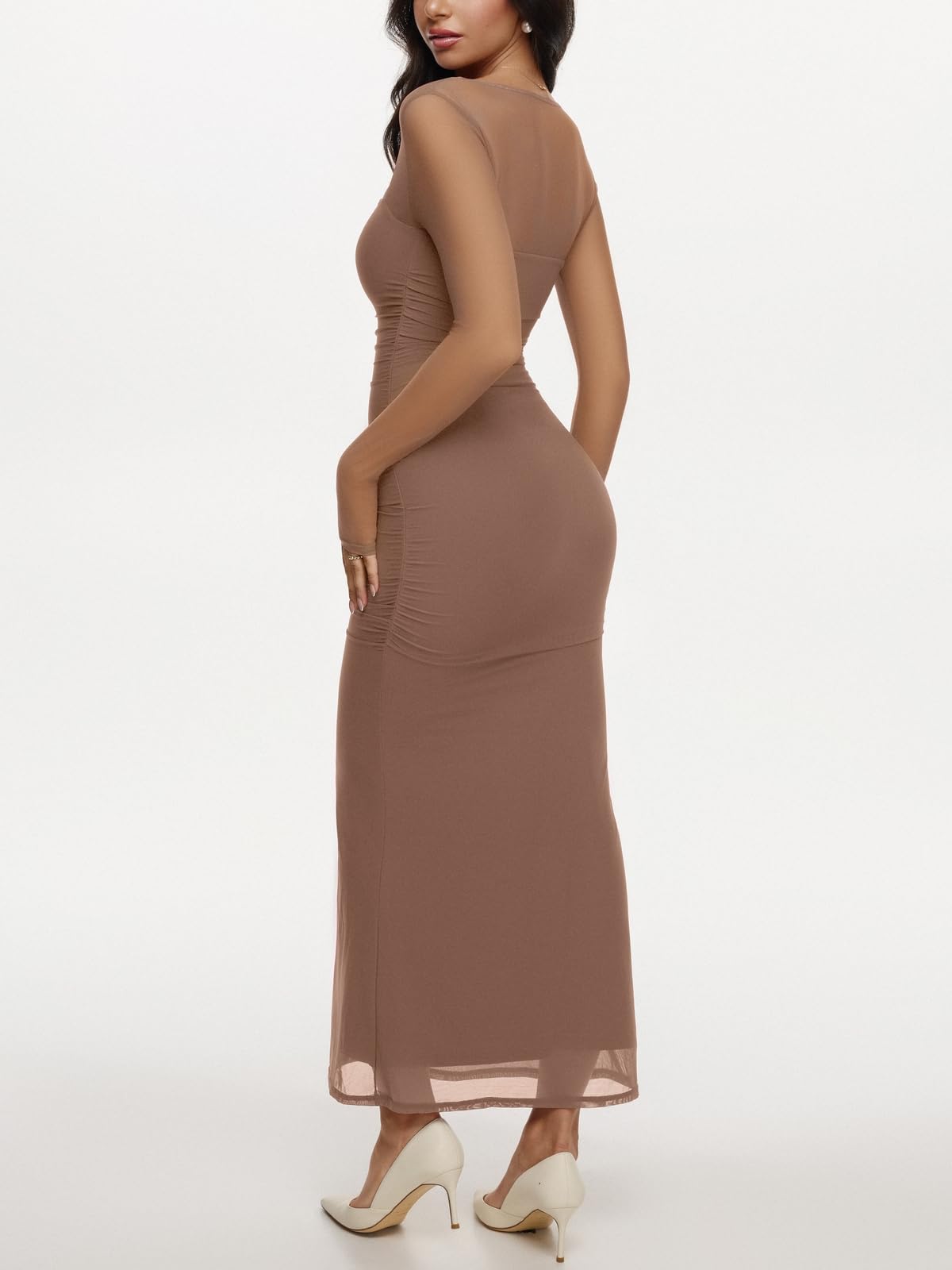 REORIA Long Sleeve Wedding Guest Maxi Dresses for Women Sheer Mesh Square Neck Ruched Bodycon Long Dress 2025 Fall Outfits *  #sponsored