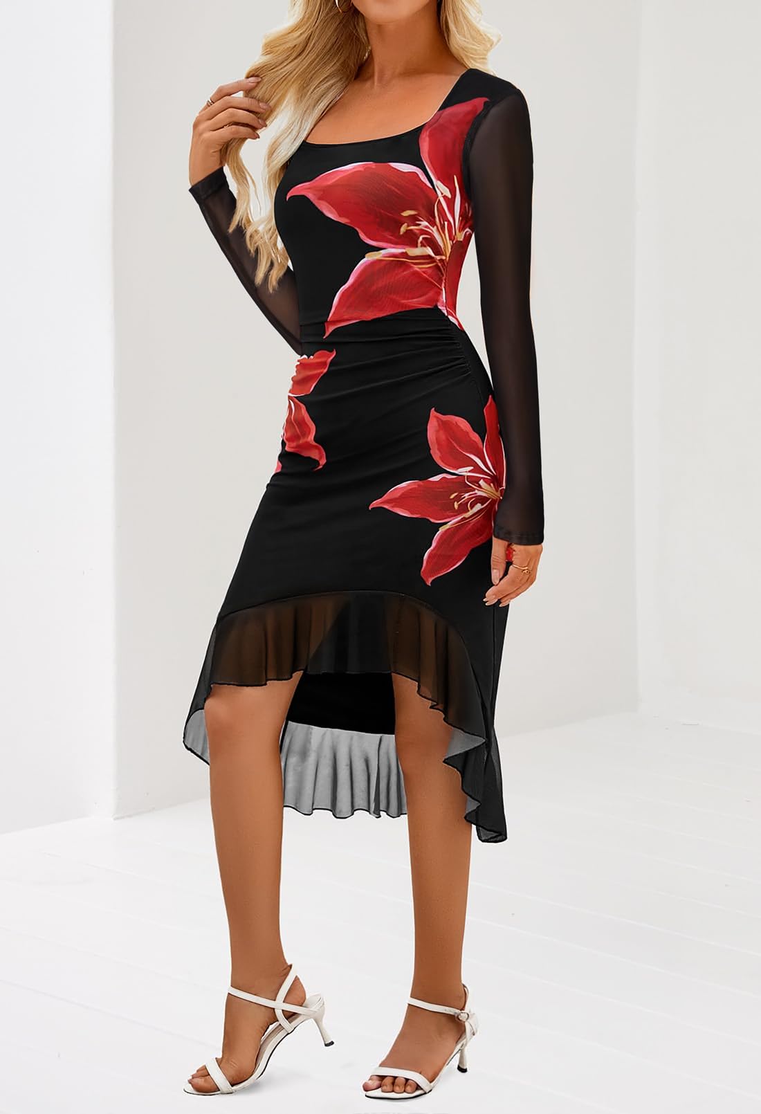 MEROKEETY Women's Long Sleeve Fall Wedding Guest Dress Elegant Classy Bodycon Square Neck Mesh Cocktail Midi Dresses *  #sponsored