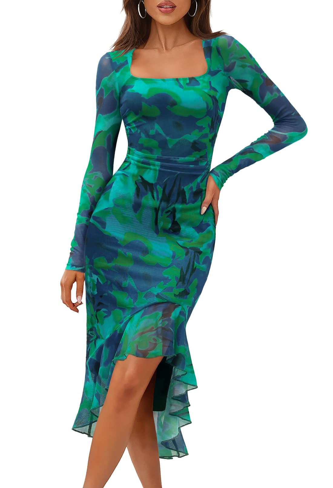 MEROKEETY Women's Long Sleeve Fall Wedding Guest Dress Elegant Classy Bodycon Square Neck Mesh Cocktail Midi Dresses *  #sponsored