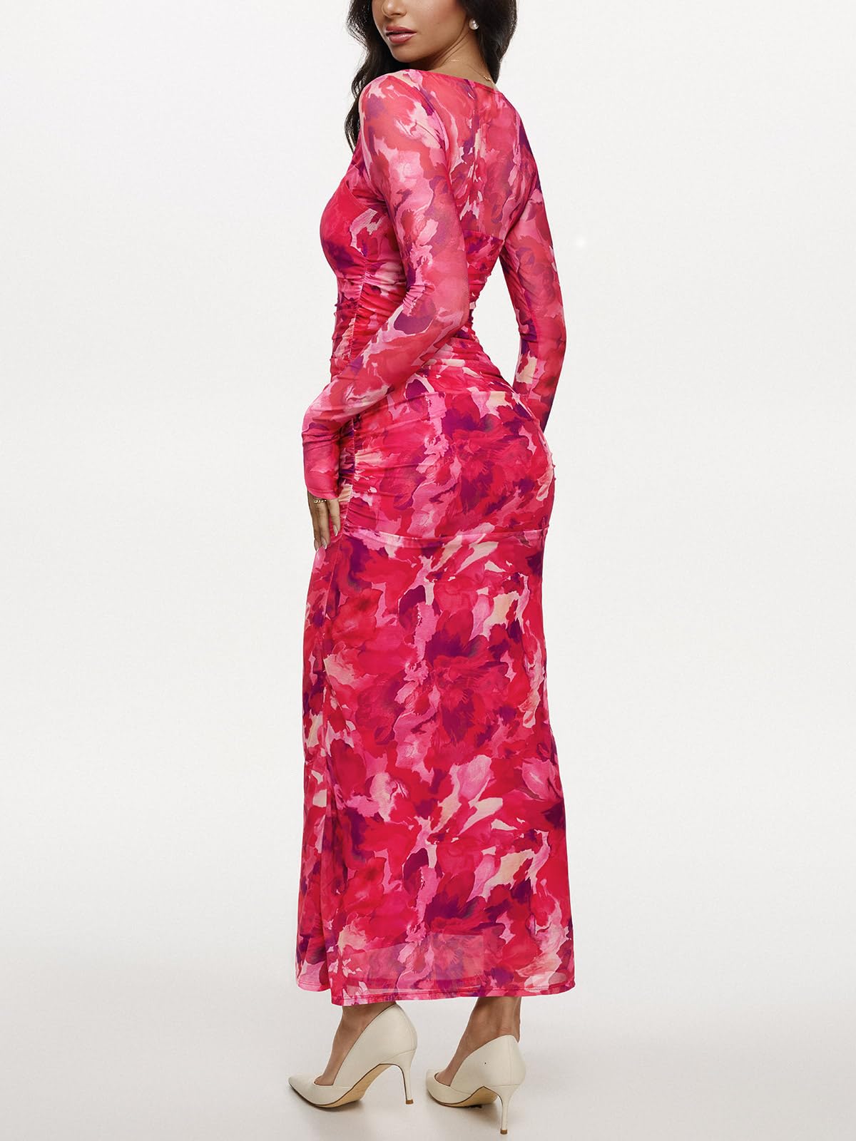 REORIA Long Sleeve Wedding Guest Maxi Dresses for Women Sheer Mesh Square Neck Ruched Bodycon Long Dress 2025 Fall Outfits *  #sponsored