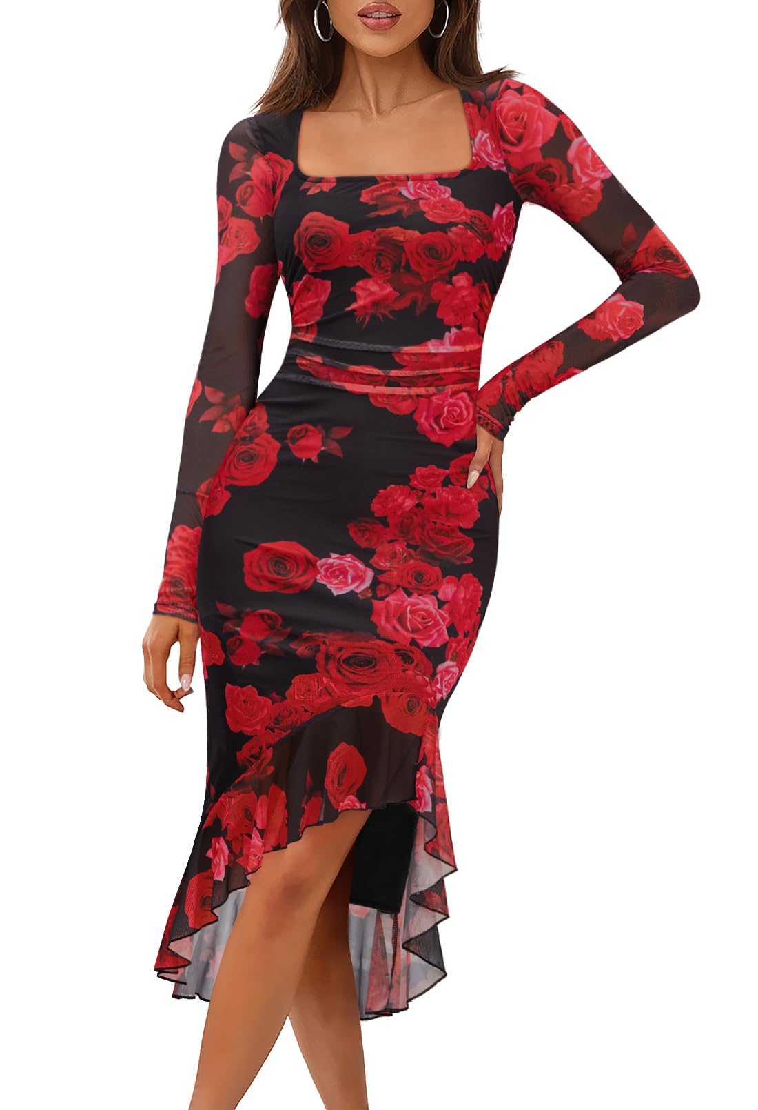 MEROKEETY Women's Long Sleeve Fall Wedding Guest Dress Elegant Classy Bodycon Square Neck Mesh Cocktail Midi Dresses *  #sponsored