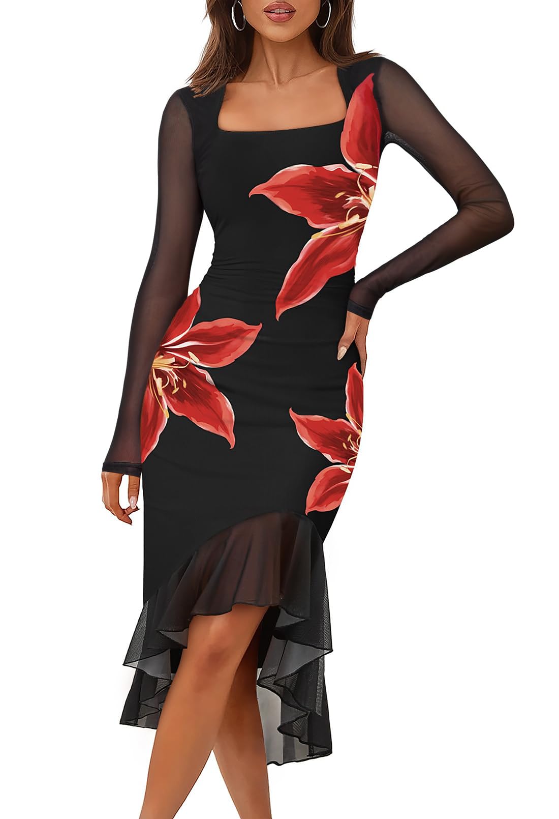 MEROKEETY Women's Long Sleeve Fall Wedding Guest Dress Elegant Classy Bodycon Square Neck Mesh Cocktail Midi Dresses *  #sponsored