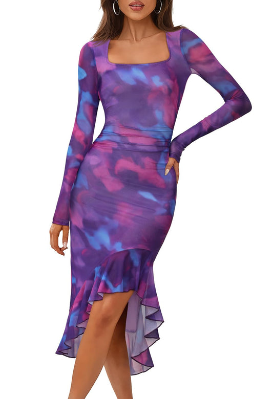 MEROKEETY Women's Long Sleeve Fall Wedding Guest Dress Elegant Classy Bodycon Square Neck Mesh Cocktail Midi Dresses *  #sponsored