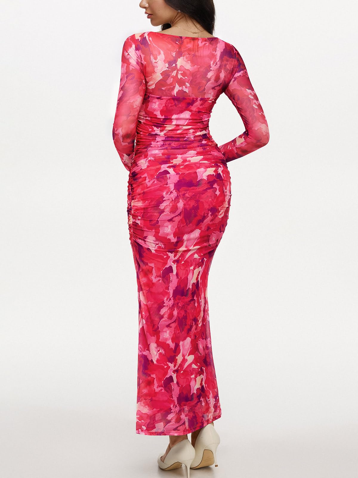 REORIA Long Sleeve Wedding Guest Maxi Dresses for Women Sheer Mesh Square Neck Ruched Bodycon Long Dress 2025 Fall Outfits *  #sponsored