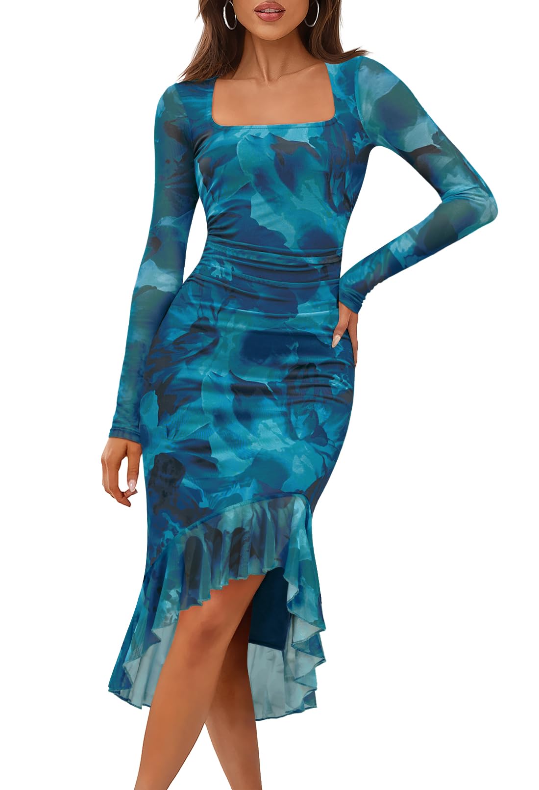 MEROKEETY Women's Long Sleeve Fall Wedding Guest Dress Elegant Classy Bodycon Square Neck Mesh Cocktail Midi Dresses *  #sponsored