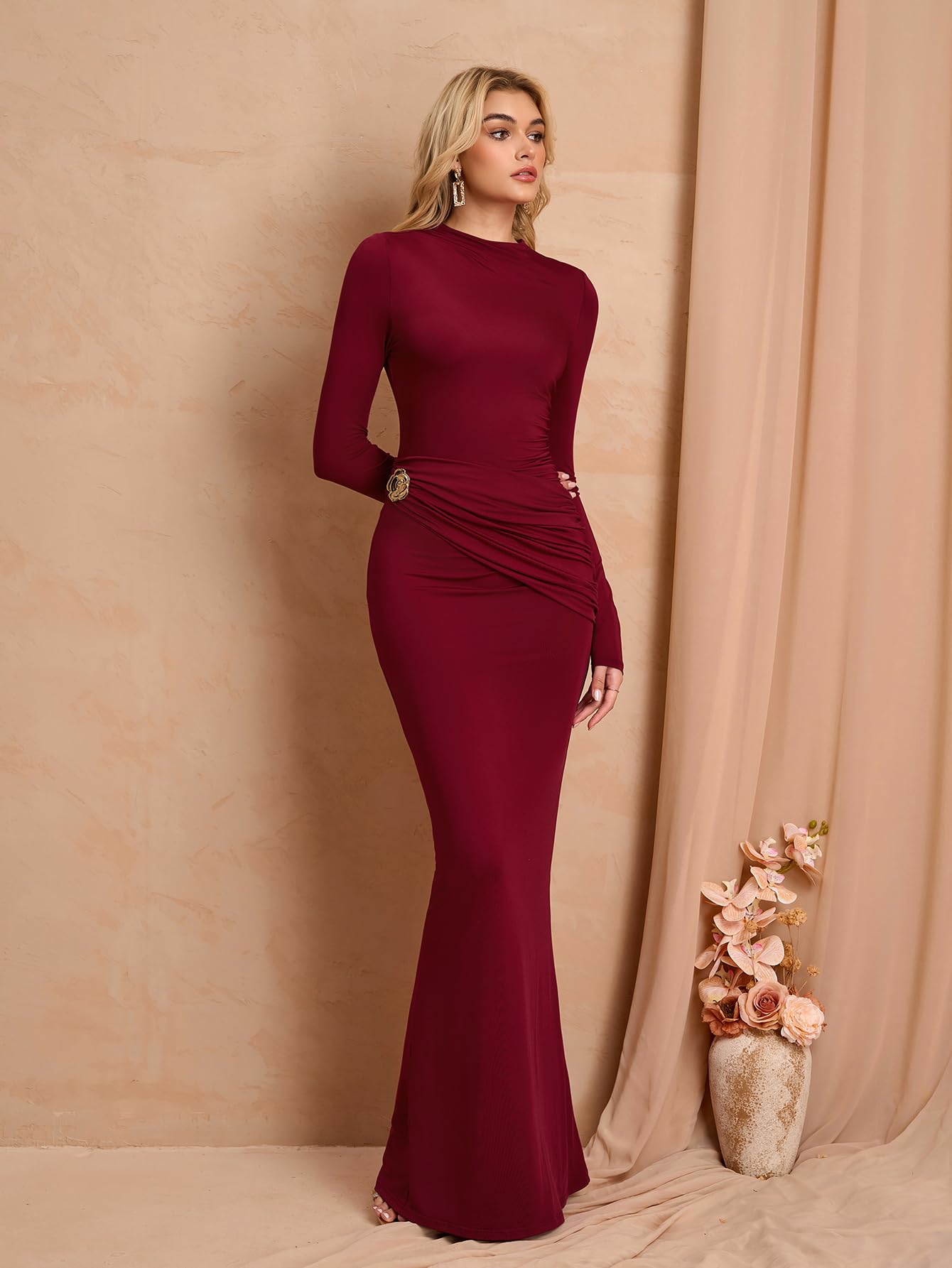 Women's Long Sleeve Ruched Bodycon Maxi Dress Fall Winter Formal Elegant Cocktail Party Dresses *  #sponsored