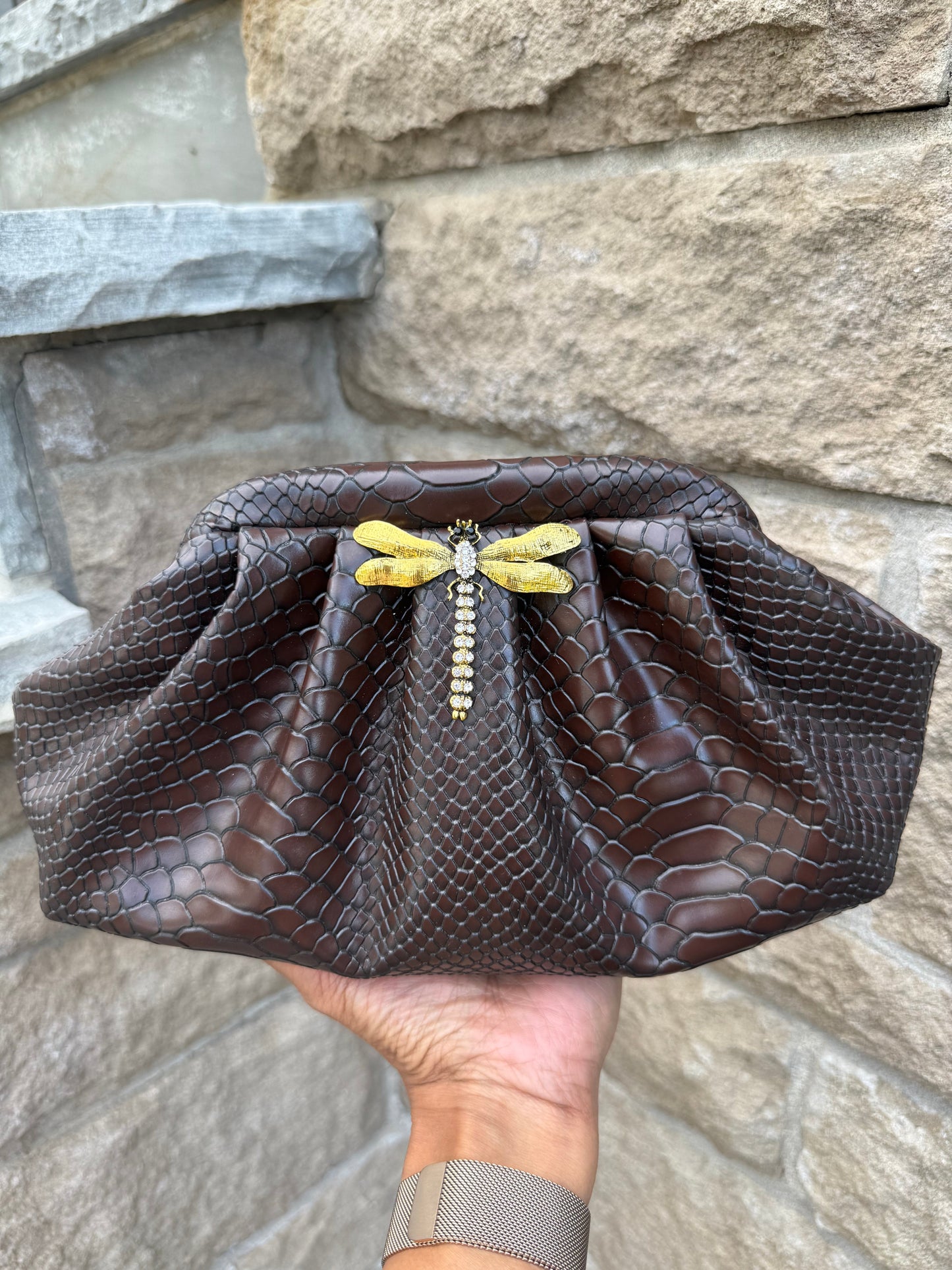 Midnight Dragonfly Croc Clutch