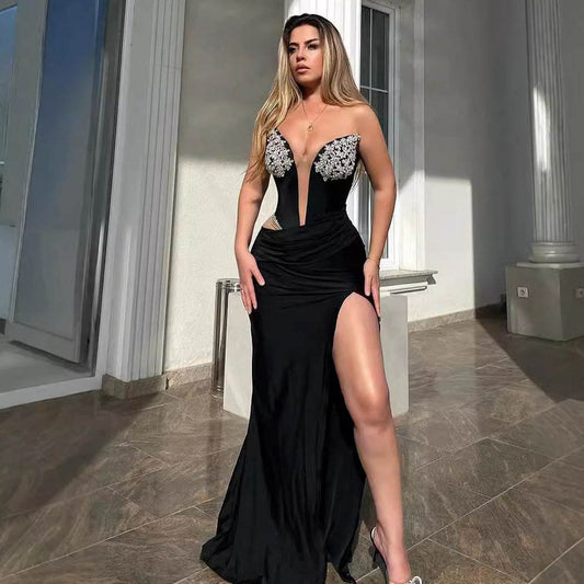 Women's Black Bandeau Slim-fit Drilling Slit Cocktail Evening Dinner Dress