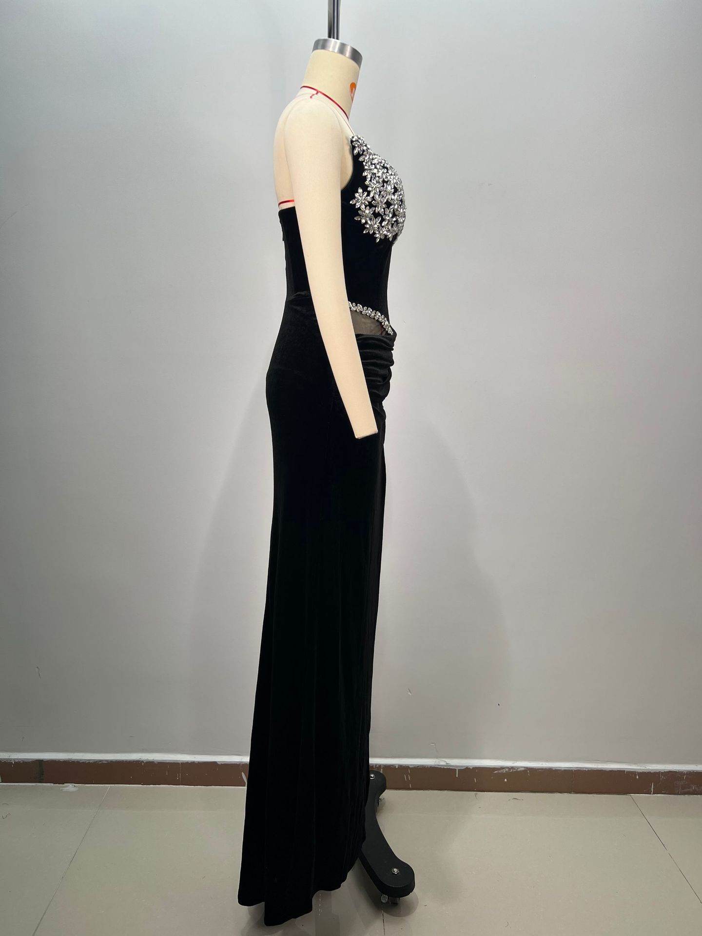Women's Black Bandeau Slim-fit Drilling Slit Cocktail Evening Dinner Dress