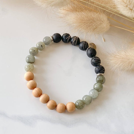 AILIS | Bracelet en labradorite, pierres de lave noire, bois de cèdre et acier inoxydable