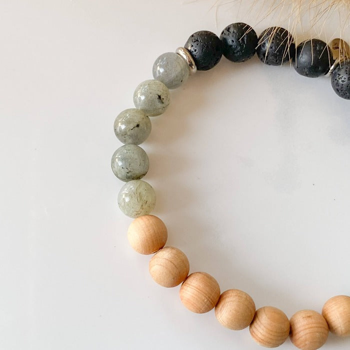 AILIS | Bracelet en labradorite, pierres de lave noire, bois de cèdre et acier inoxydable