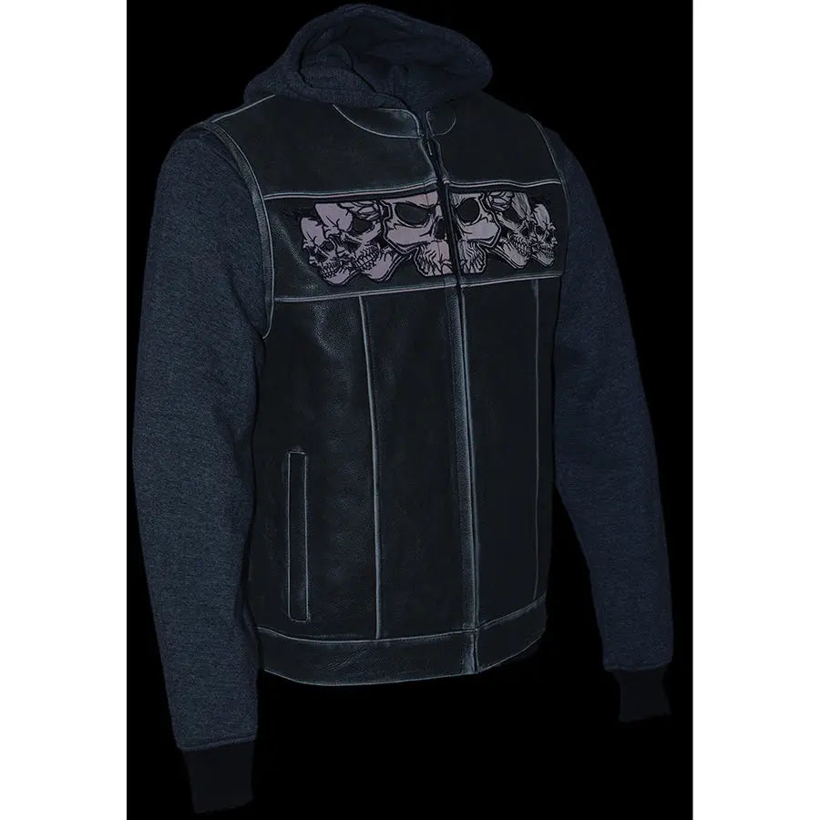 Milwaukee Leather Men's Black Leather Vest with Reflective Skulls & Full Hoodie Liner