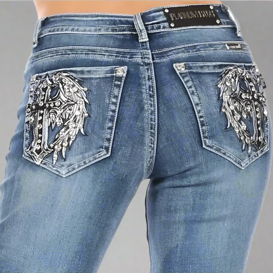 Women's Rhinestone Embellished Bootcut Jeans with Angel Wing Cross Back Pocket & Sequined Detail