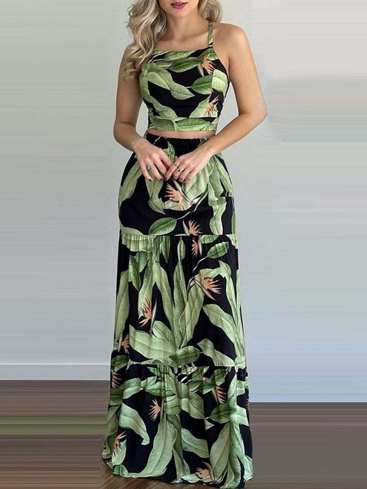 Tropical Print Halter Sleeveless Top & Skirt Set Women Summer Two Piece Set
