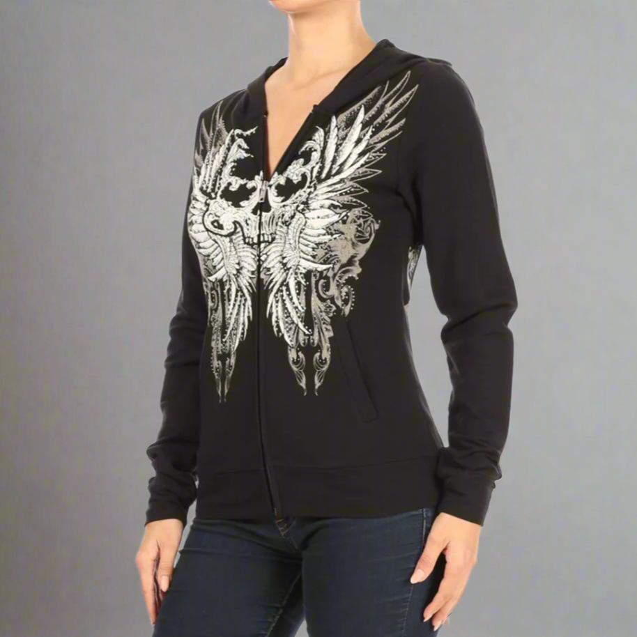 Women's Rhinestone Skull Wing Hoodie