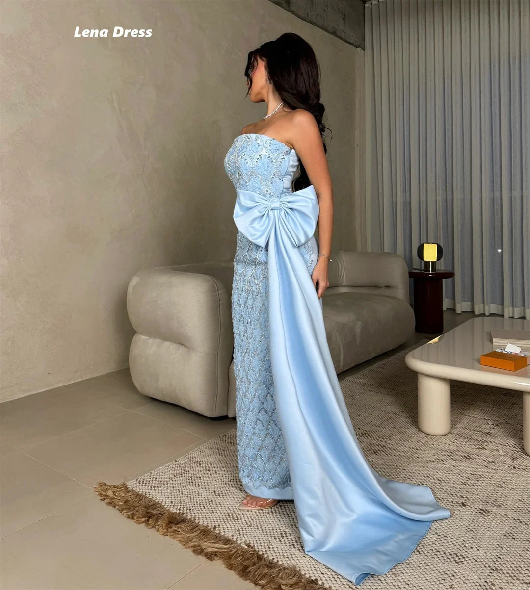 Lena Sky Blue Evening Dresses Woman Elegant Party Dresses 2025 Woman Luxury Custom Made Bow Robe De Cocktail Femme Sleeveless