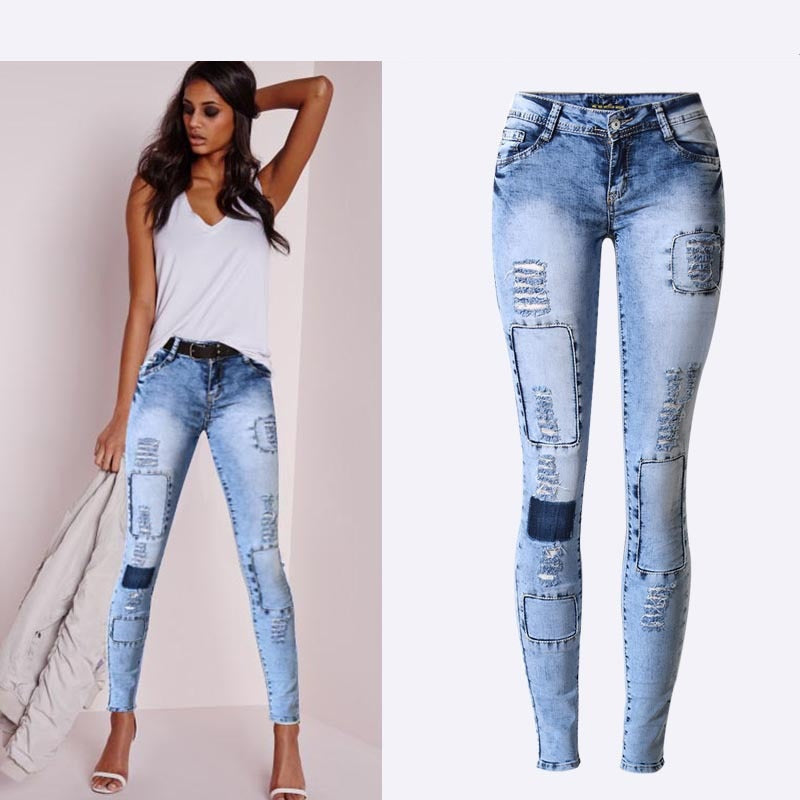 Mid Waist Patch Jeans