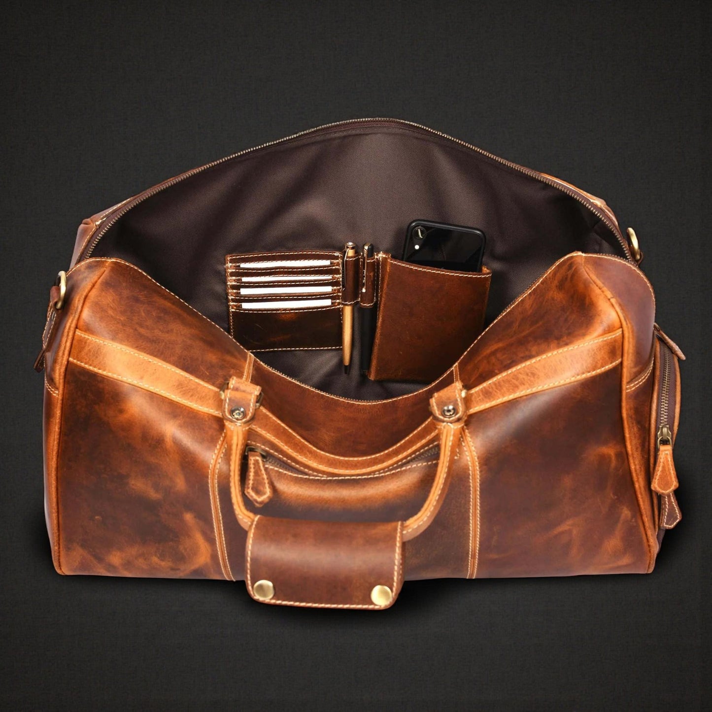 The Voyager Duffle - Cognac Full-Grain Distressed Leather Duffle Bag
