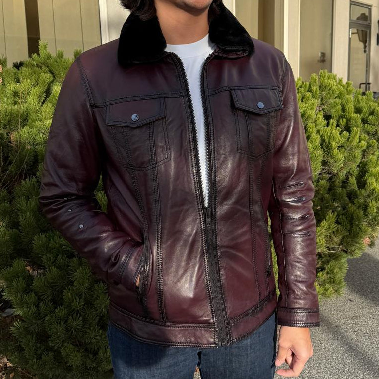 Men's Sheep Leather Jacket - Removable Fur Collar Coat | Winter Luxury Outerwear