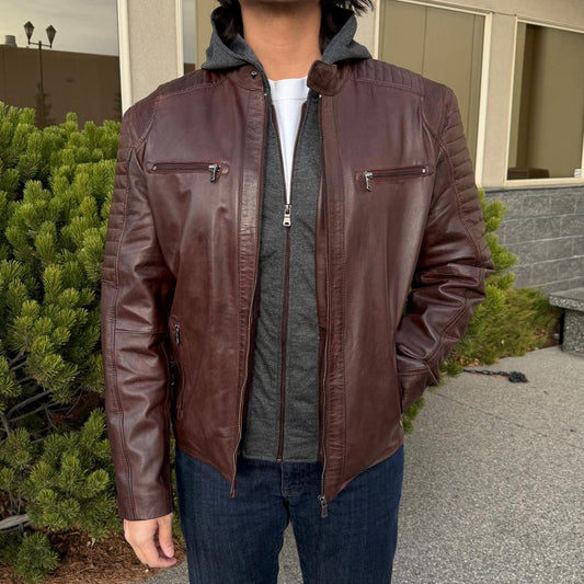 Men's Lamb Leather Jacket with Removable Hoodie