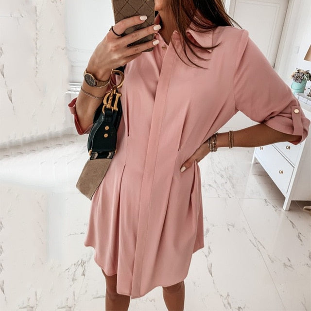 Button Short Sleeve Work Dress