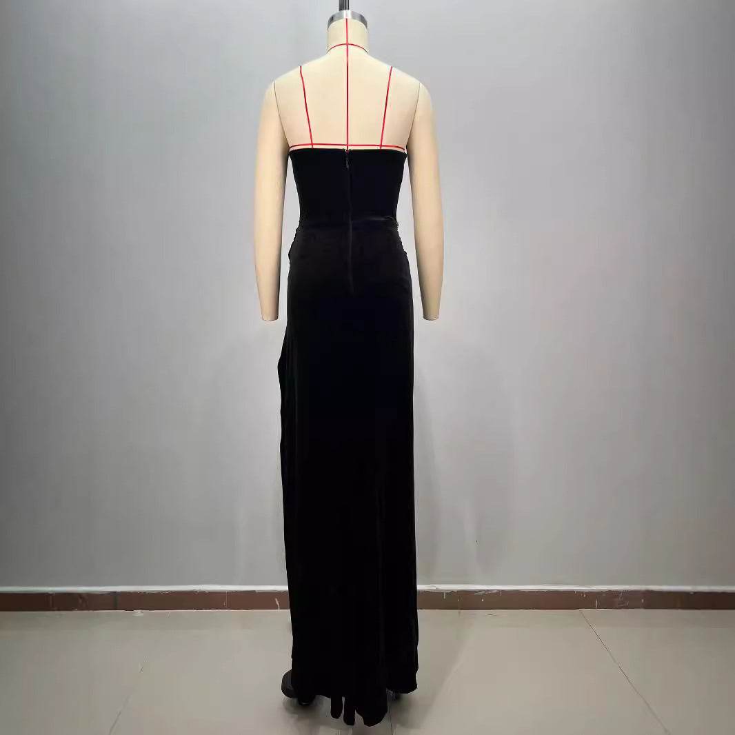 Women's Black Bandeau Slim-fit Drilling Slit Cocktail Evening Dinner Dress