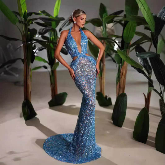 New Halter Deep V-neck Slim fit Sequined Evening Party Dress