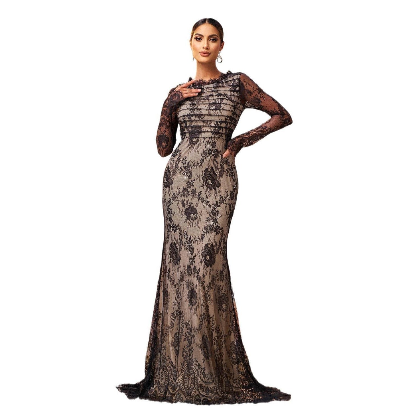 Elegant Long Sleeve Gauze Sheath Fishtail Evening Party Dress