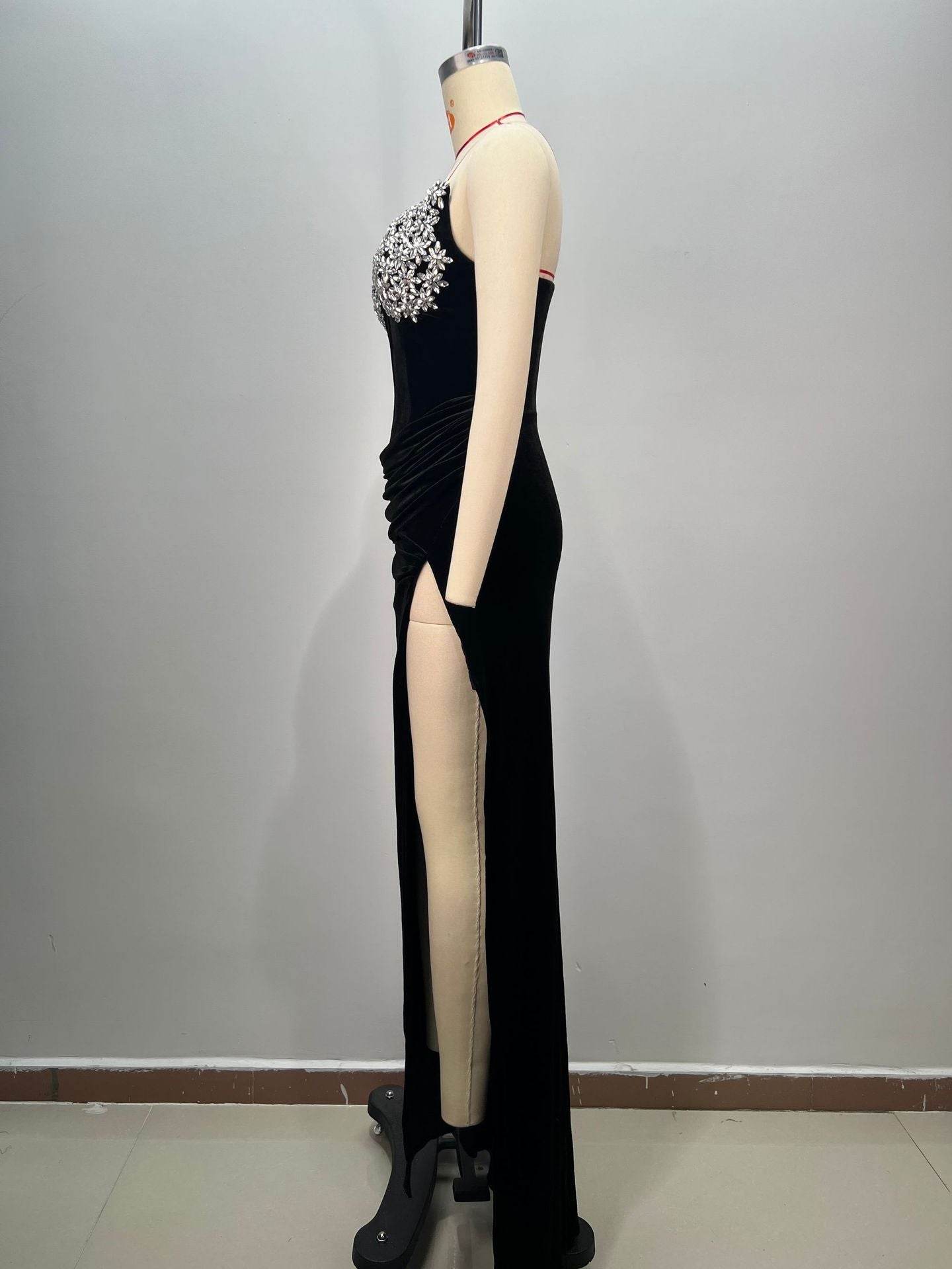 Women's Black Bandeau Slim-fit Drilling Slit Cocktail Evening Dinner Dress