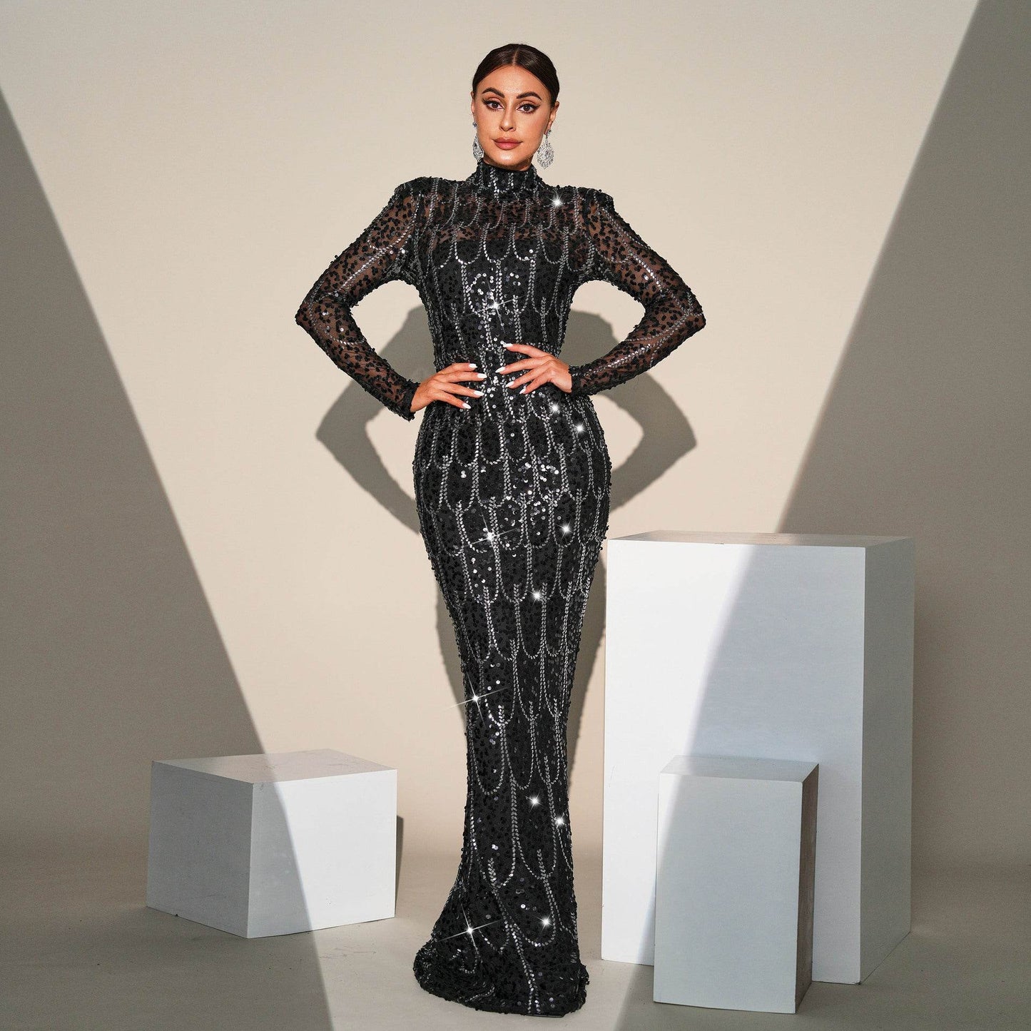 Long Sleeve Slim-fit Sequined Banquet Evening Dress